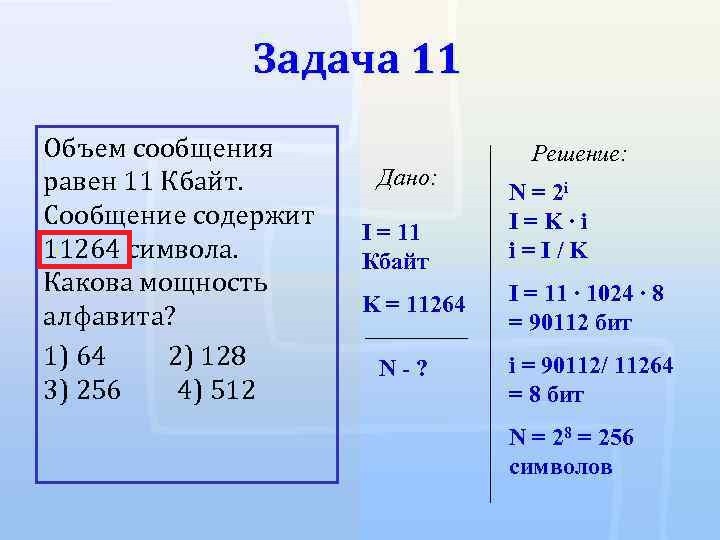 Объем сообщения равен 11 кбайт сообщение содержит 11264 …